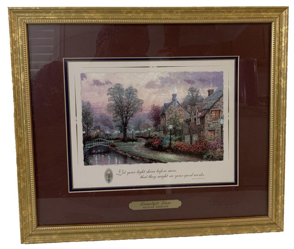 Thomas Kinkade "Lamplight Lane" Gold Frame Art W/COA 99 14.25"x12.5"